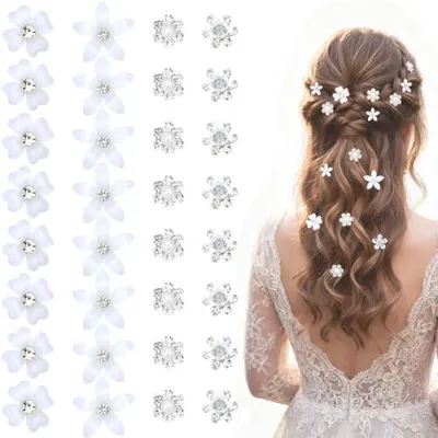 Produktbild von 32 kleine Blumen-Haarspangen mit Strass und Perlenschmuck für Braut, Hochzeit und Alltag