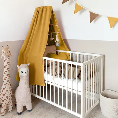Image de Ciel de lit bébé jaune moutarde, sans flèche de lit - Ciel de lit en mousseline