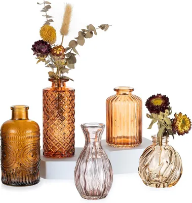 Produktbild von Set aus 5 kleinen bernsteinfarbenen Glasvasen, Vintage, verschiedene Größen, für Tischdekoration