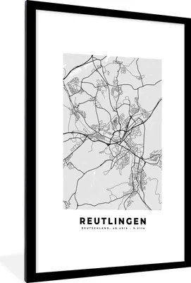 Produktbild von MuchoWow® Gerahmtes Poster Stadtplan - Deutschland - Karte - Reutlingen 60x90 cm - Poster mit Schwarzem Bilderrahmen Wandposter Rahmen Foto Bilder - Dekoration - Wandposter Wohnzimmer - Hochwertig
