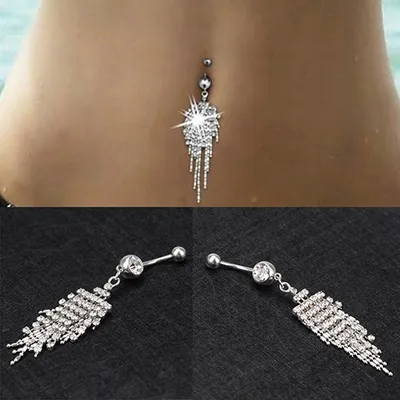 Produktbild von 1 Stück glänzende Strass-Quaste mit langer Kette, baumelnder Nabel-Bauchnabelring