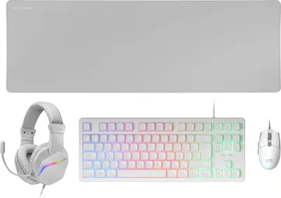 Produktbild von Gaming-Tastatur Fixed RGB + Gaming-Maus RGB Flow 3200 DPI + Headset Over-Ear RGB + XXL-Mauspad, Weiß, Portugiesisch Sprache
