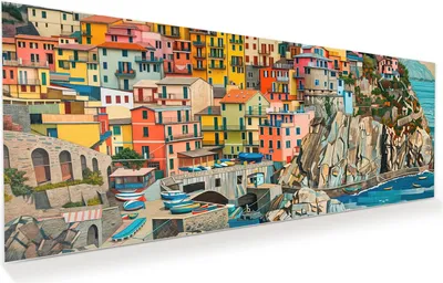 Produktbild von Glasbild 100x40cm in XXL für Wohnzimmer, Schlafzimmer Motiv Bunte Küstenstadt