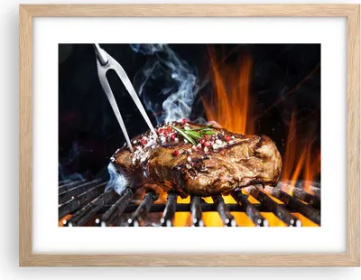 Produktbild von Gerahmtes Poster - Rahmen in heller Eiche - Steak Grill Flammen Essen - 40x30 cm - Wand Bild - Wanddeko - Wandbilder - Wandposter - Bilderrahmen - Bilder - Kunstdruck - Wandbild - P2NAA40x30-2865