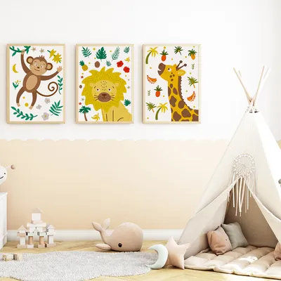 Produktbild von Dschungel Safari Tiere Bilder 3er Set DIN A4 Kinderzimmer Wandbilder Babyzimmer Poster Dekoration - Affe Löwe Giraffe