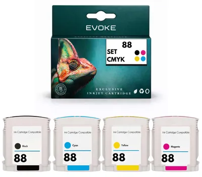 Image de Encres compatibles Evoke pour HP 88 HP88, 4 couleurs CMJN : Noir, Cyan, Magenta, Jaune, 153 ml, compatibles avec les modèles OfficeJet Pro K5400, K550, K8600, L7480, L7500, L7580, L7590, L7600, L7680, L7700, L7780, Image générée par une IA
