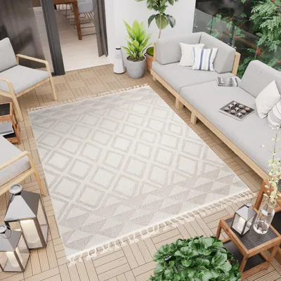 Immagine prodotto di Tappeto 3D Struttura Indoor Outdoor Design Moderno Frange Ethno Cream Beige 140 x 200 cm