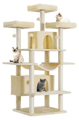 Produktbild von Großer Katzenbaum XXL, stabil mit 3 Aussichtsplattformen, geeignet für große Katzen, Sisalsäulen, Beige