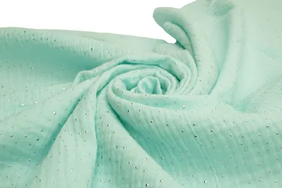Obrázek produktu pro Bavlněná mušelínová tkanina se stříbrnými puntíky, dvojitá gáza, Aqua 50 x 130 cm