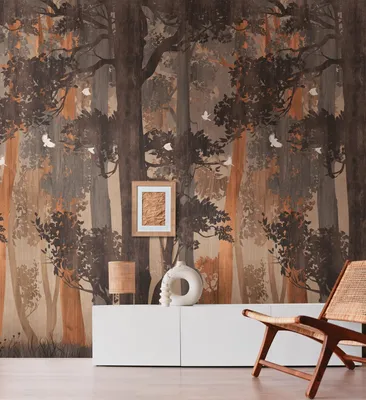 Produktbild von NEWROOM Tapete Braun Vliestapete Wald - Wandbild Modern Beige Orange Bäume Vögel Tapete Floral Waldtapete