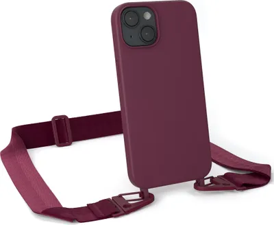 Produktbild von EAZY CASE Handykette Silikon mit Clips 2 in 1 kompatibel mit Apple iPhone 14 Handyhülle mit Kordel, Hülle mit Band, Kette, Beere Rot - Clips Beere