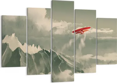 Produktbild von Bild auf Leinwand - Leinwandbild - 5 Teile - Rot Flugzeug Berge - 150x100cm - Wand Bild - Wanddeko - Wandbilder - Leinwanddruck - Bilder - Wanddekoration - Leinwand bilder - Wandbild - EA150x100-4854