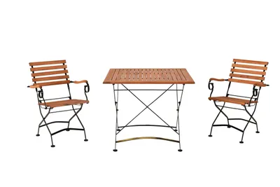 A set of outdoor furniture, including a table and two chairs, displayed against a white background.