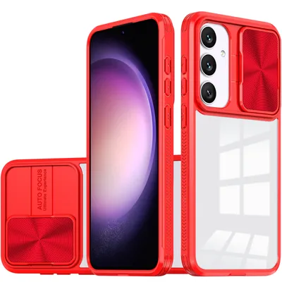 A red phone case with a transparent back is shown next to a phone. Another red phone case is shown separately.