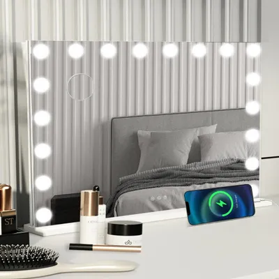 Produktbild von Kosmetikspiegel Hollywood 18 LED 80x60cm 3 Lichtfarben Dimmbar Schminkspiegel Spiegel mit Beleuchtung, 10x Vergrößen, Wandspiegel weiß
