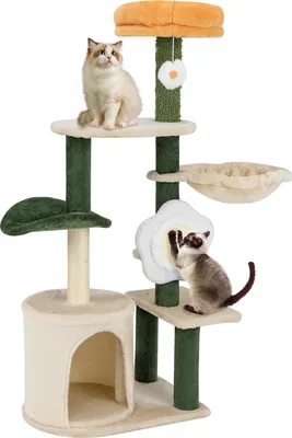A cat tree with two cats on it, set against a white background.
