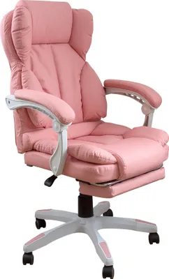 A pink office chair with a footrest is shown against a white background.