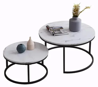 Produktbild von Kaffeetisch, Rundes Design, Moderner Stapelbar, Schwarzes Bein+weißer Tisch