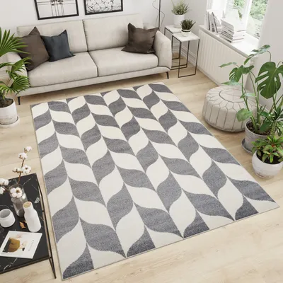 Produktbild von Teppich Wohnzimmer Schlafzimmer Kurzflor Modern Design Geometrisch Marokkanisch Karo Blatt Kariert Grau Creme  140 x 190 cm