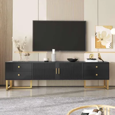 Obrázok produktu pre AIORBER Moderná TV skrinka so zlatými úchytkami a nožičkami, nízky panel so zásuvkami - biely MDF povrch, 175 cm