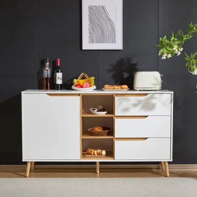 Produktbild von Moderner weißer Kommodenschrank - 140x40x80,5 cm - Aufbewahrungsschrank mit 3 Schubladen, offenen Fächern und Regalböden