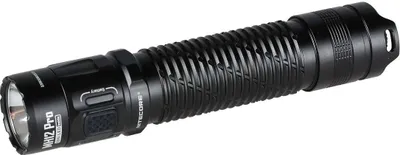 A black Nitecore MH12 Pro flashlight is shown against a white background.