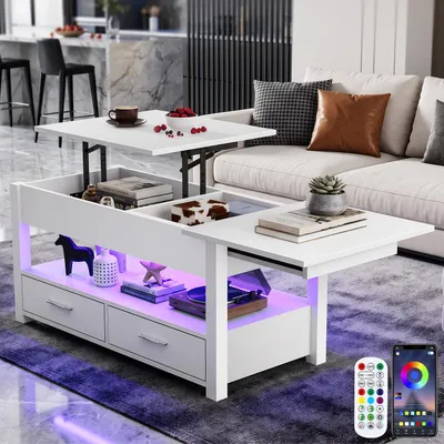 Produktbild von OYAJIA Couchtisch Höhenverstellbar Wohnzimmertisch mit LED Beleuchtung & Fernsteuerung Beistelltisch &App-Steuerung 100 x 50 x 46cm,mit 2 Schubladen