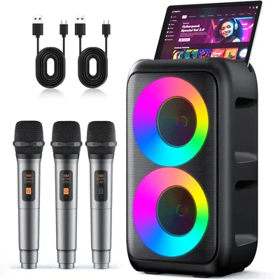 Obrázok produktu pre Karaoke súprava – Prenosný Bluetooth reproduktor s výkonom 10 W a 3 mikrofónmi – Čierna