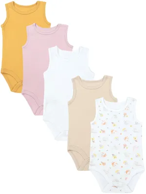 Produktbild von TupTam Baby Body Mädchen 5er Pack – Ärmelloser Body Baby aus Baumwolle, Ideal als Unterwäsche oder im Sommer, Farbe: Streifen_Beige_Gelb_Vögel, Größe: 92