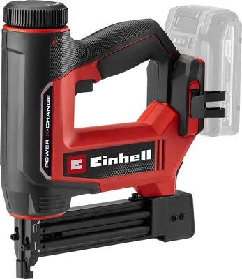 A cordless nail gun with a battery pack attached.