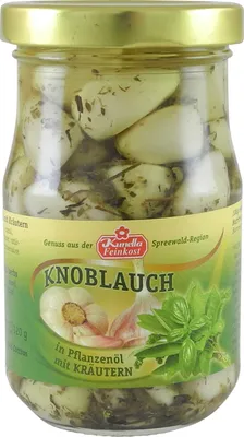 Produktbild von Knoblauchzehen in Öl mit Kräutern von Kunella Feinkost (185 g Glas)