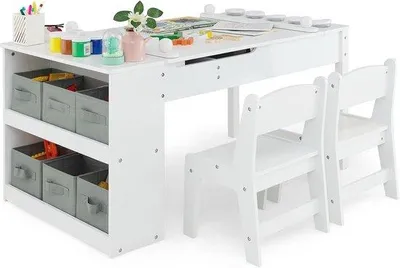 Productafbeelding van 3-in-1 Kinderzitgroep met Tafel en Stoelen voor Kinderen - Ideaal voor Knutselen en Leren - Inclusief Opbergruimte en Papierrol - Geschikt Voor Kinderen Vanaf 3 Jaar