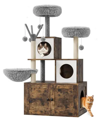 Produktbild von Kratzbaum & Kletterturm - Katzenvilla 8102 - 5 Ebenen - Kratzsäulen - Integrierter Katzenklo-Schrank - Höhlen & Liegeflächen - Hängespielzeug - Holz - Braun
