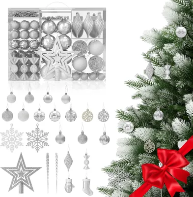 Produktbild von YARDIN Weihnachtskugeln 138er Set,Christbaumkugelnaus Kunststoff mit 3 Texturen,Lackiert, Matt und Glänzend,Weihnachtsbaumschmuck mit Aufhängen,Silber