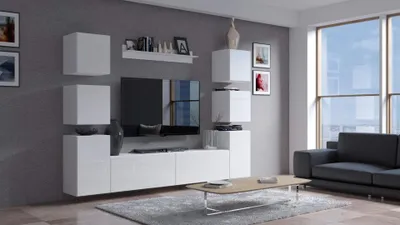 Produktbild von Furnitech Wohnwand Wohnzimmer - Wohnzimmer Möbel mit LED Weiß - Hängend Wohnwand Modern - Wohnzimmer Schrankwand mit Regale und TV Schrank (Future C34/HG/W2 1A)