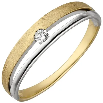 Produktbild von Gr. 58 - Damen Ring 585 Gold Gelbgold Weißgold bicolor eismatt 1 Diamant Brillant