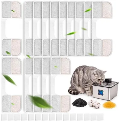 Produktbild von 15 Filterpatronen für Katzenbrunnen aus Edelstahl, geeignet für kabellose Modelle, bestehend aus Aktivkohle und Ionenaustauscherharz, inklusive Schwämme