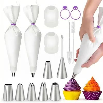 Immagine prodotto di Set di sacchetti per decorazioni da pasticceria, composto da 15 pezzi, con 6 bocchette, e dimensioni da 12 e 14 pollici, riutilizzabili