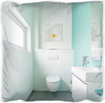 Produktbild von Wallario Premium Kissen, weiche Oberfläche, mit Motiv Badezimmer Gästetoilette Innenansicht - WC und Waschbecken, Größe: 40 x 40 cm, mit weißer Rückseite