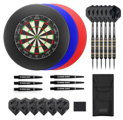 Produktbild von KOTO - King Pro Surround Dartset Schwarz, 3 Barrels, 2 Sets Flights, 2 Sets Shafts (short & medium), Dartwallet, Dart Auffamgring Pfeile & Wände