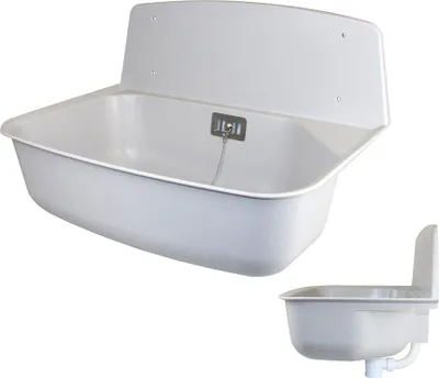 A white plastic sink with a raised back panel, shown from a slightly elevated angle. A smaller inset image shows the same sink from a side view, with plumbing visible underneath.