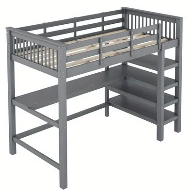Image de Lit superposé pour enfants et étudiants, avec bureau et étagères de rangement, structure en métal gris