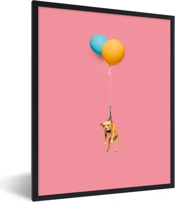 Produktbild von MuchoWow® MuchoWow® Gerahmtes Poster Komischer Hund auf zwei Luftballons 30x40 cm - Poster mit zchwarzem Bilderrahmen - Wanddeko - Kunstdrucke