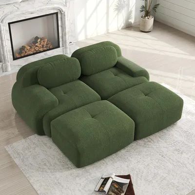Produktbild von MODFU 2-Sitzer Ecksofa Cord,Modulares Sofa mit Geschwungene Armlehnen und Rutschfeste Unterseite,Rahmenloses Loungesofa mit 2 Ottoman,Grün
