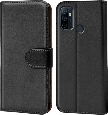 A black flip case for a smartphone is shown open, revealing the inside and the back of the phone.