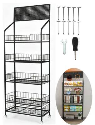 Verkaufsdisplay auf Rollen, 5-stufig, 60x27x170 cm, Metall, mit 10 Haken