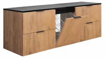 Image de Meuble suspendu sous vasque avec panier à linge, noir / plateau en marbre noir Royal, poignées dorées, 160 x 46 x 57 cm, Image générée par une IA