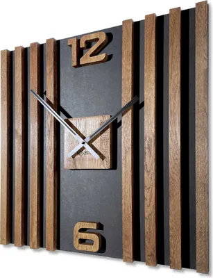 Produktbild von Wanduhr groß aus Holz Lamellen SQ 60cm Holzoptik schwarz 3D Eiche modern ohne Ticken Wohnzimmer Braun