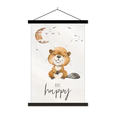 Produktbild von MuchoWow® Textilposter Zitate - Glücklich sein - Kinder - Mond - Biber - Aquarell 120x180 cm mit schwarzem Rahmen - Fotos