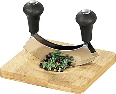 Produktbild von KESPER Kräuterschneidebrett mit Wiegemesser – Bambus 16 x 16 cm – Edelstahl-Doppelklinge, rutschfest & mit Arbeitsmulde, Schneidebrett – 50646